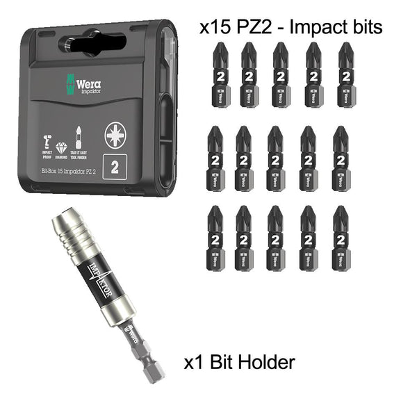 Wera x15 Impaktor PZ2 Bits + Bit Holder