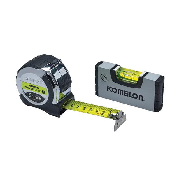 Komelon 5m (16ft) PowerBlade II Tape with Silver Mini Level