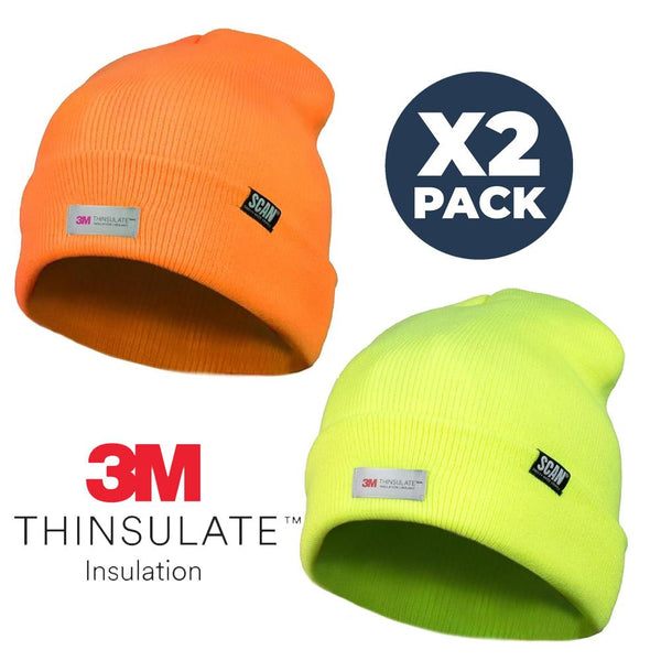 2x Scan Hi-Vis Orange & Yellow Beanie Hat Thinsulate