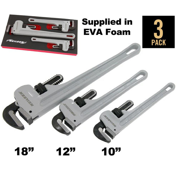 Neilsen 3 Pack Aluminium Stilson Pipe Wrench 10'', 12'' & 18''  In EVA Foam