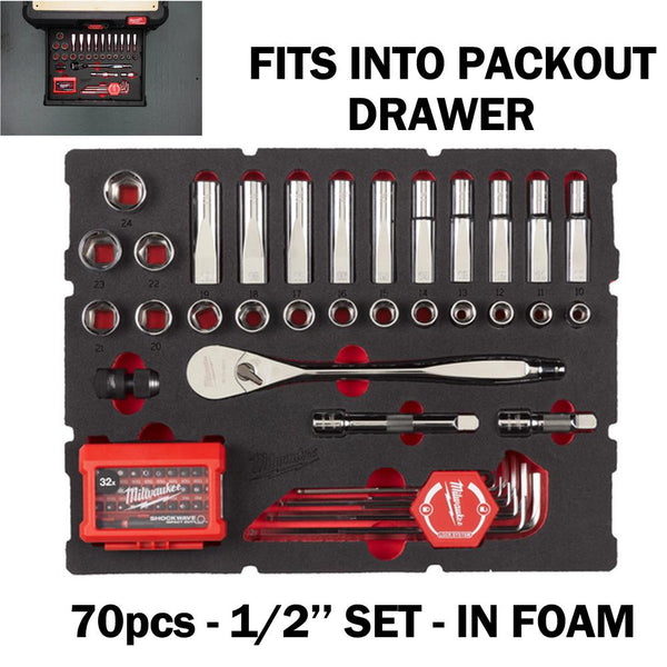 Milwaukee 70pcs - 1/2inch Ratchet and socket PACKOUT™Drawer foam insert