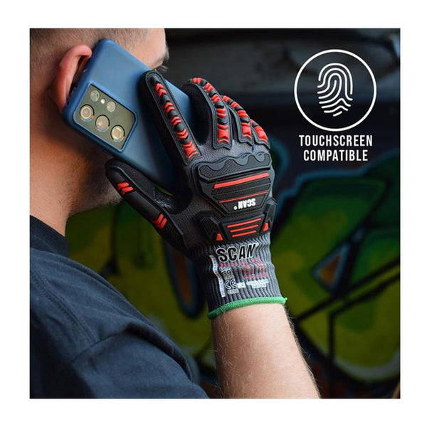 Scan Large (Size 9) Impact Gloves Cut Resistance Level (D) Nitrile Palm - Touchscreen Compatible