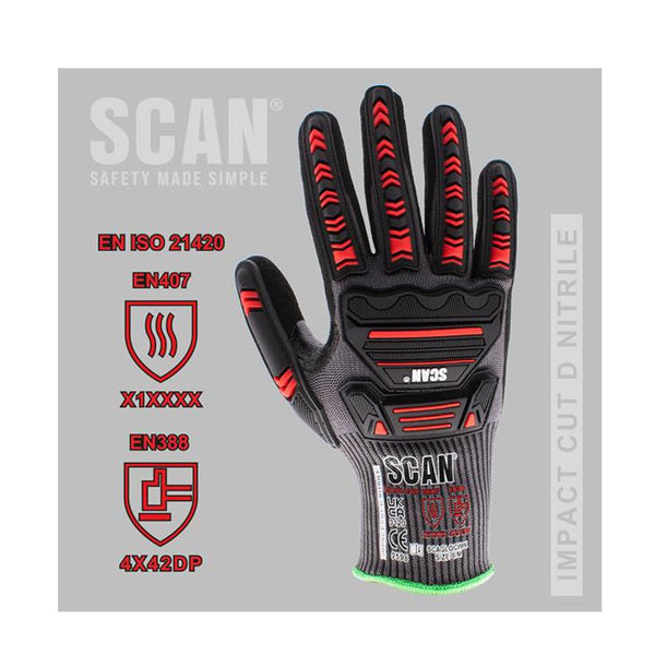 Scan XXL (Size 11) Impact Gloves Cut Resistance Level (D) Nitrile Palm - Touchscreen Compatible