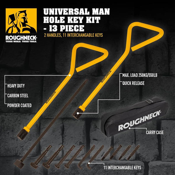 ROUGHNECK Universal Manhole Key Set - 13 Pieces with 2 Handles, 11 Keys (6 Types) and Carry Case