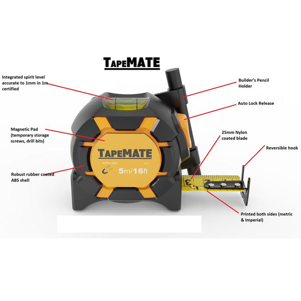 Tapemate 5m/16ft Class 1 Tape Measure 3-in-1 Tool comes with x8 Pencils