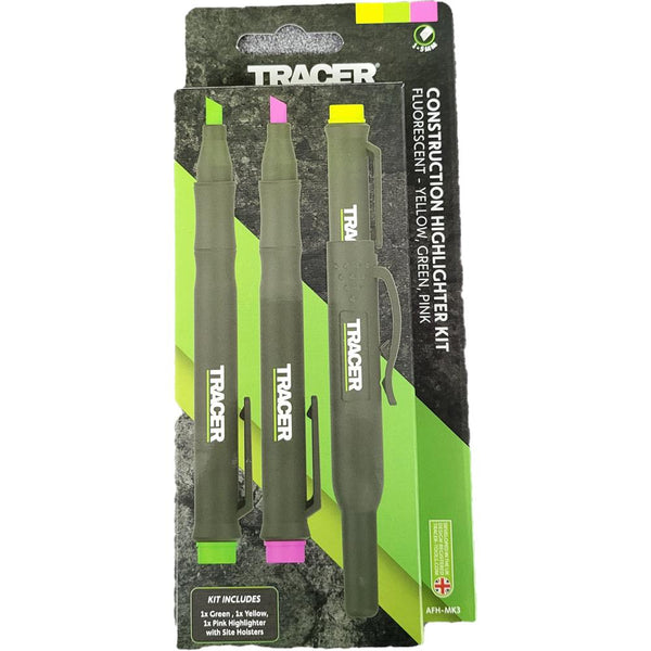 Tracer 3 Piece Fluorescent Highlighter Kit with Holsters  - Green, Yellow & Pink