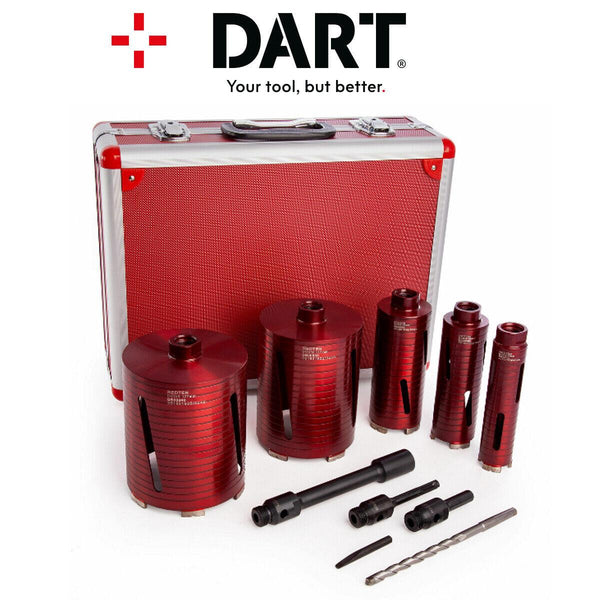 DART RED TEN 10 Piece Dry Diamond Core Drill Bit Kit Set Adaptors & Case